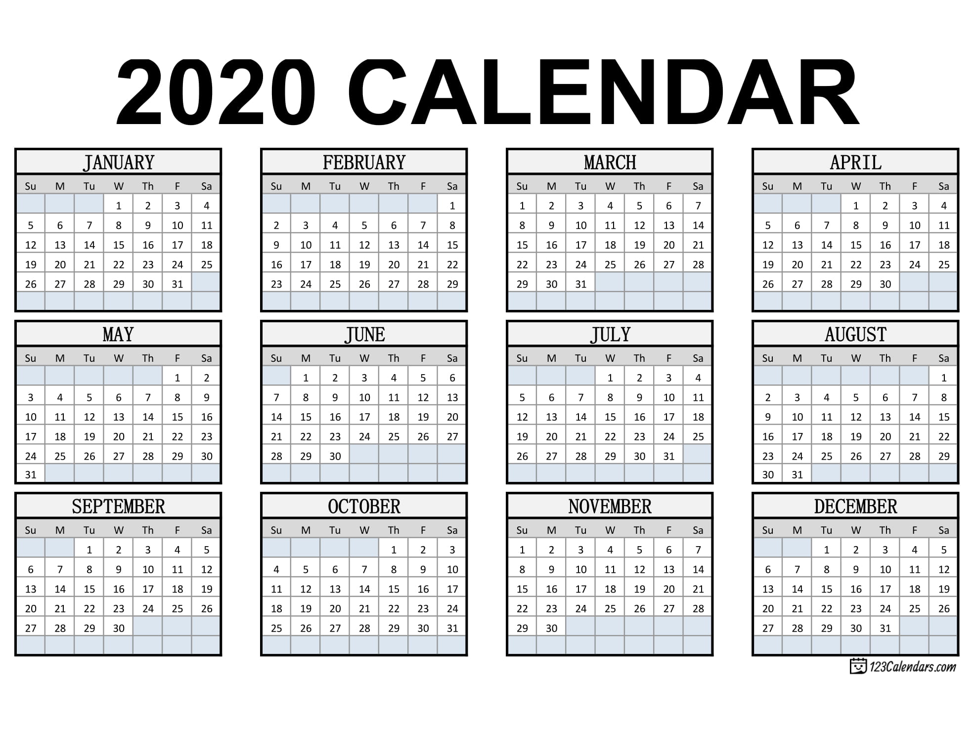 Free Printable 2020 Calendar 123Calendars