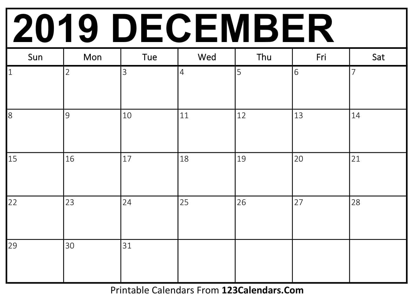 December Printable Calendar Template For 2018