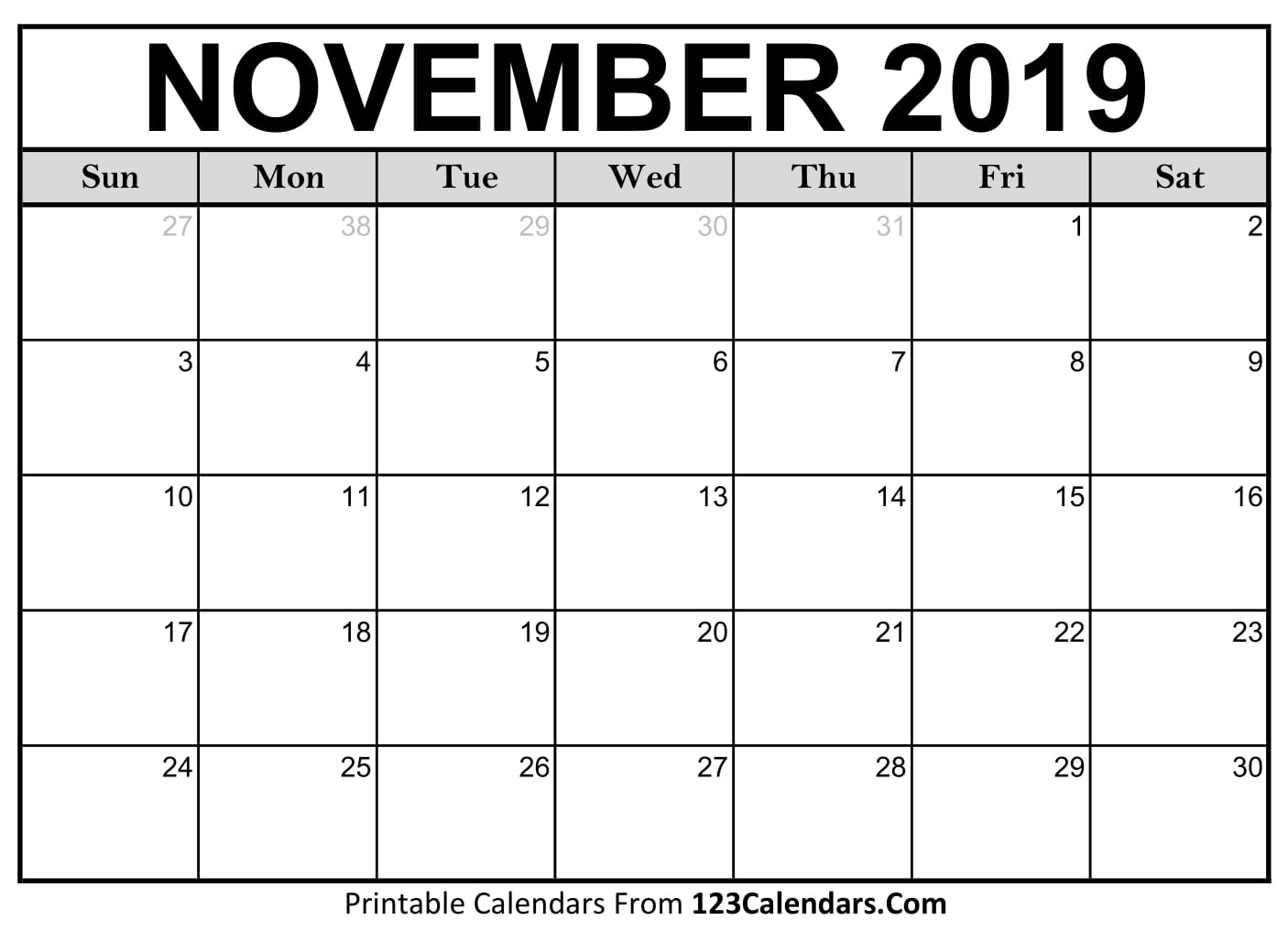 November Calendar Of 2018