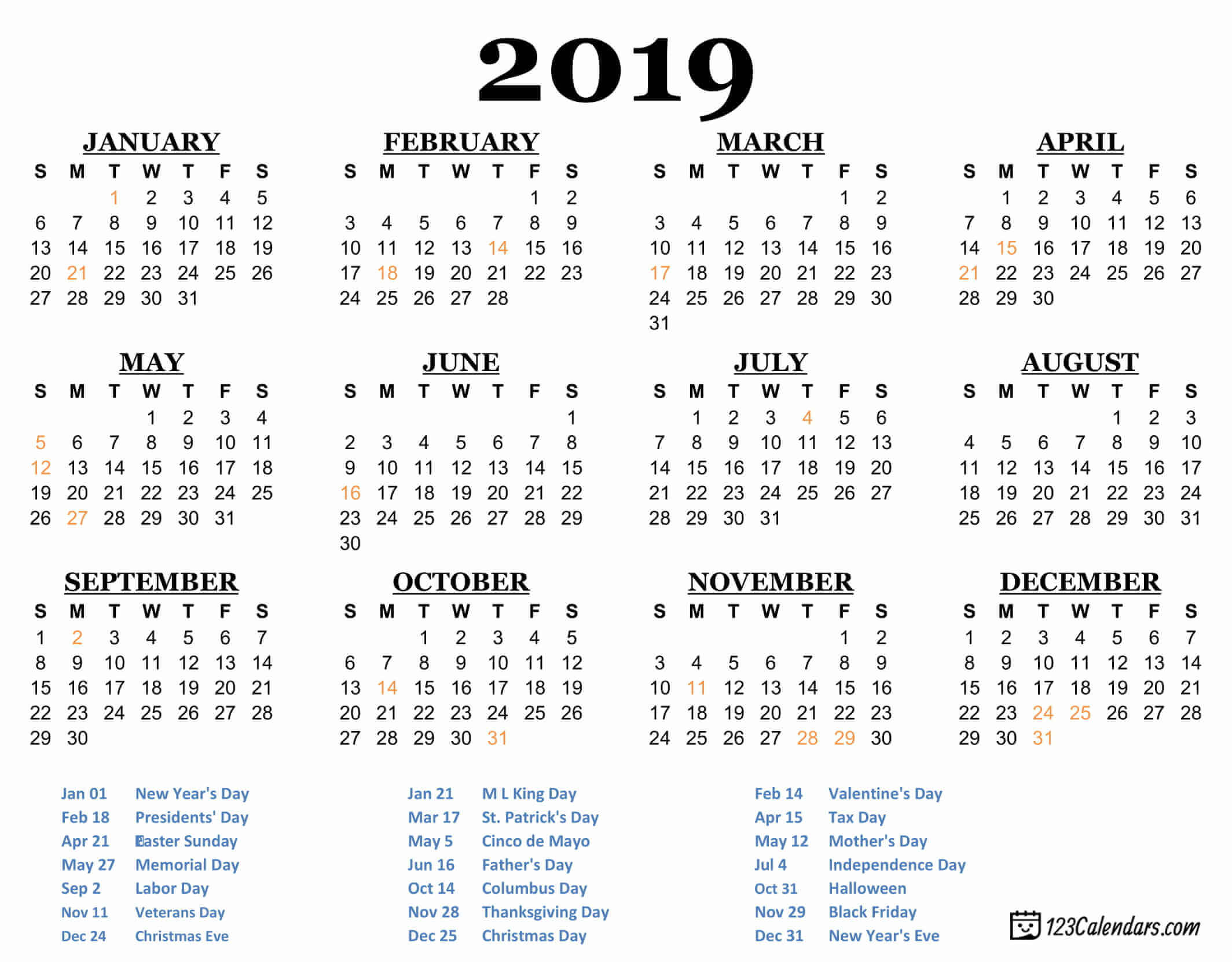 2019 Printable Calendar - 123Calendars.Com2128 x 1662