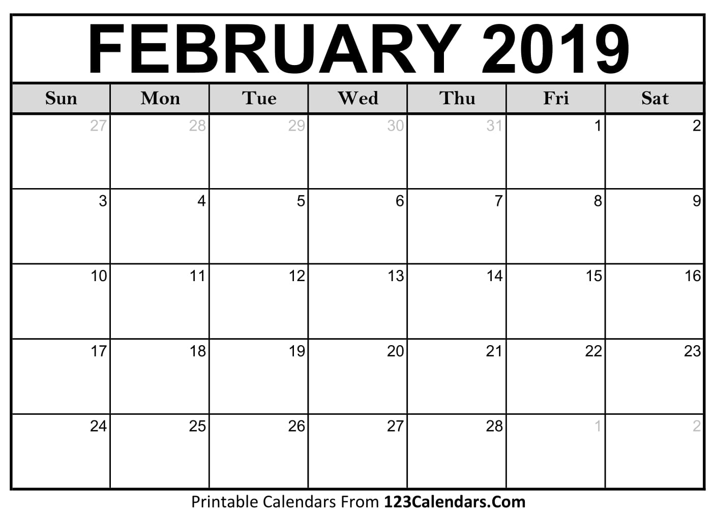 February 2019 Calendar Blank Easily Printable 123Calendars