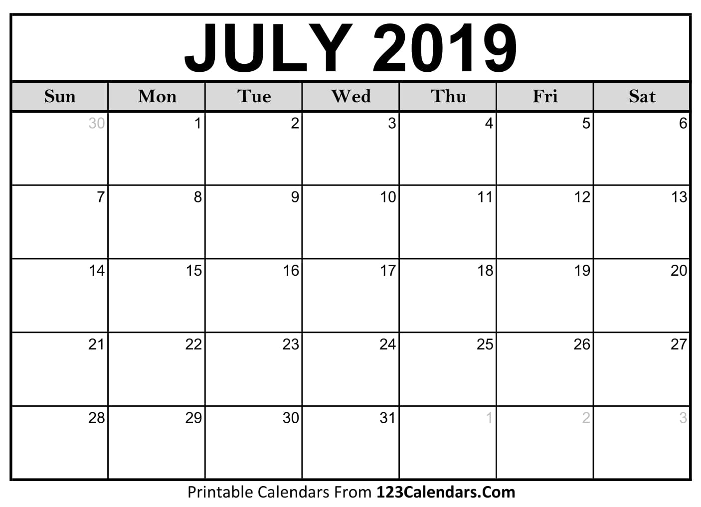 July 2019 Calendar Blank Easily Printable 123Calendars