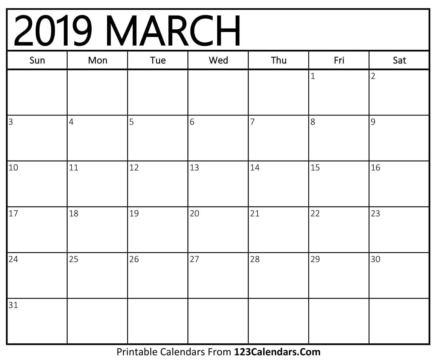 March 2019 Calendar Blank Easily Printable 123Calendars
