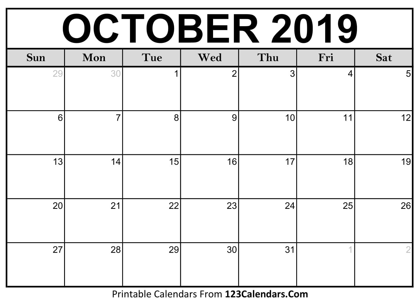 October 2019 Calendar Blank Easily Printable 123Calendars