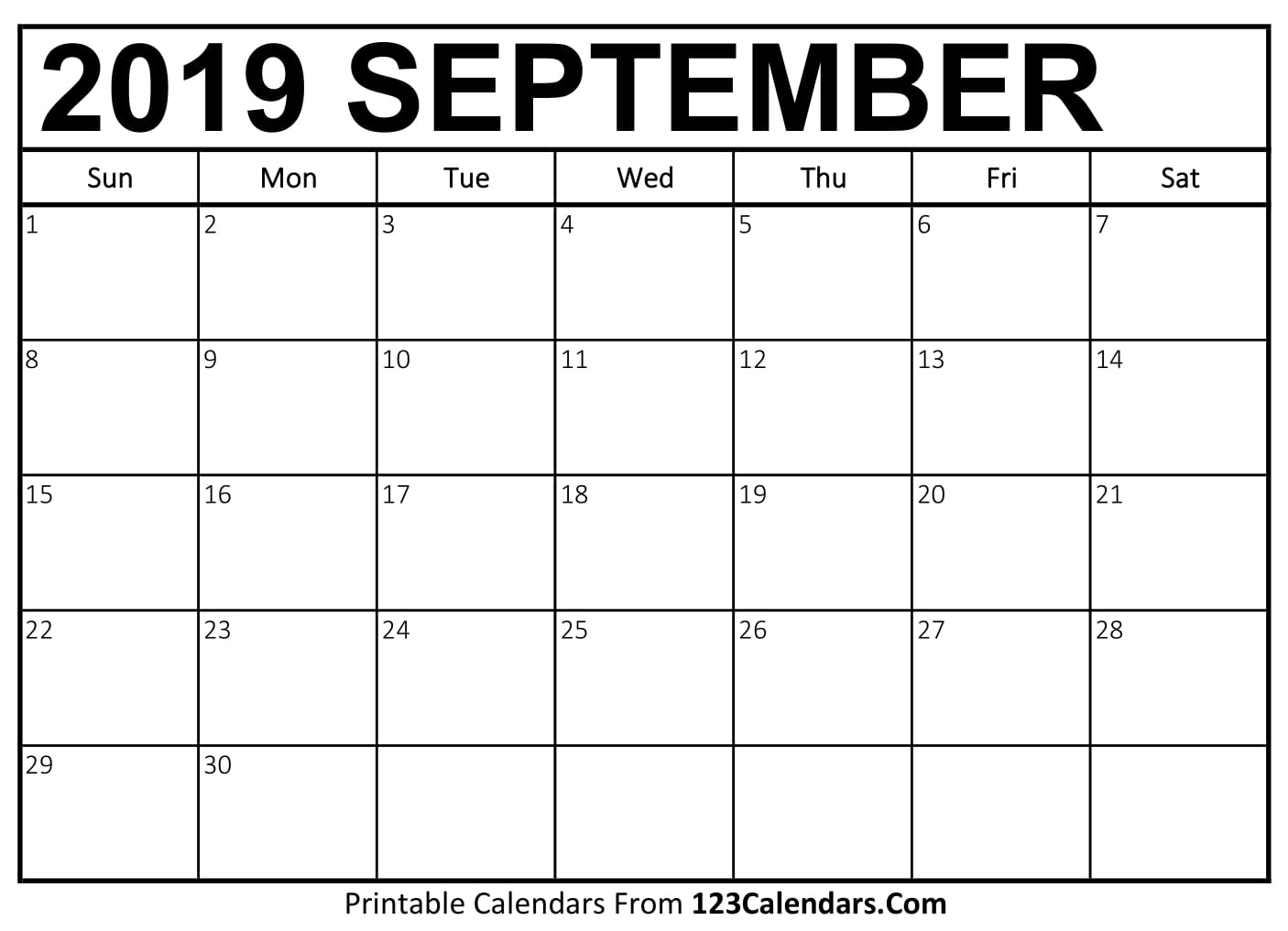 September 2019 Calendar (Blank) Easily Printable 123Calendars
