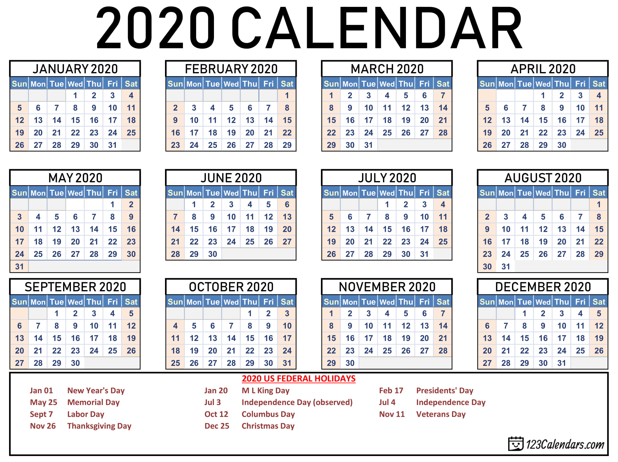 Free Printable 2020 Calendar 123Calendars