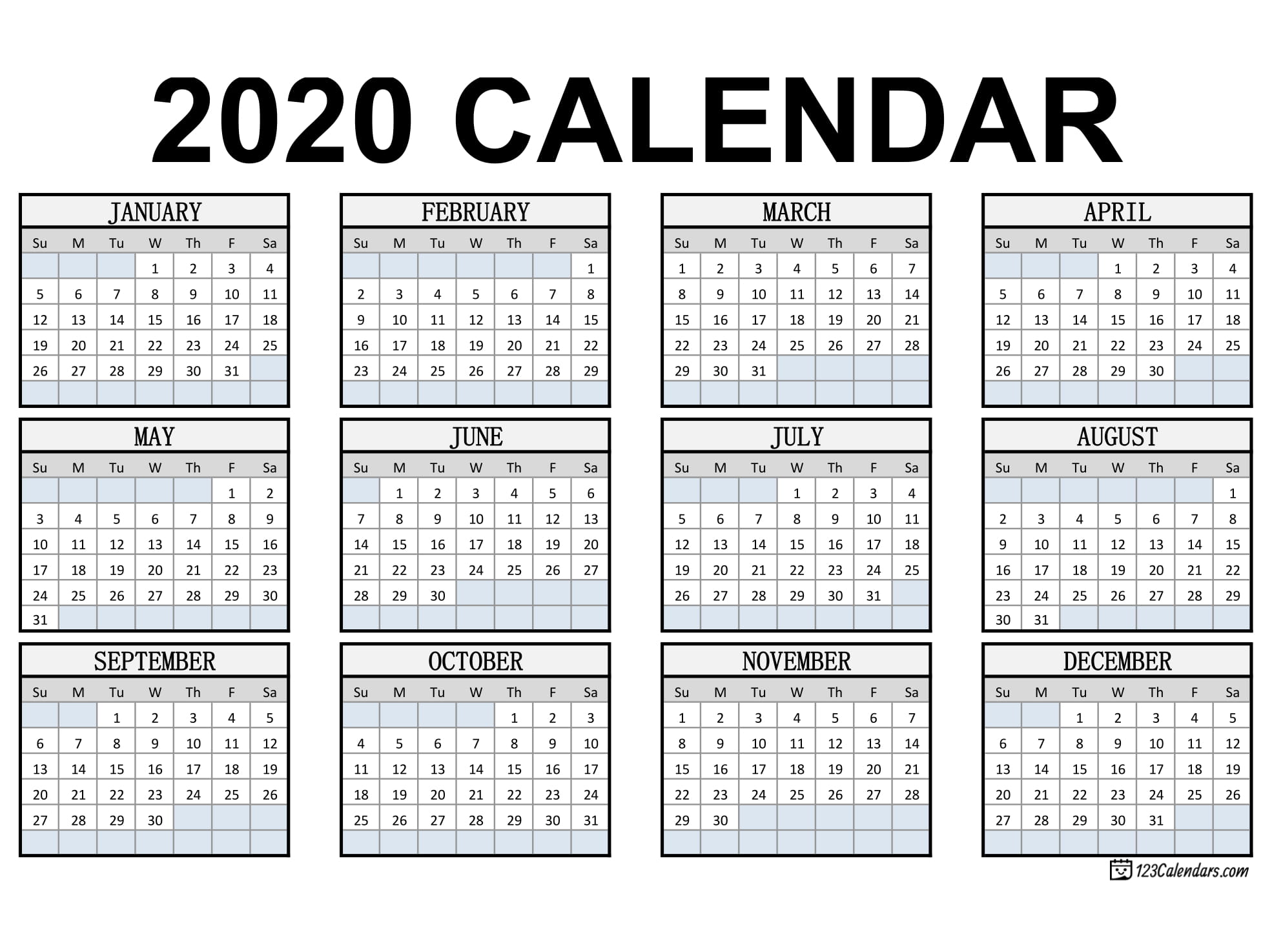 Free Printable 2020 Calendar