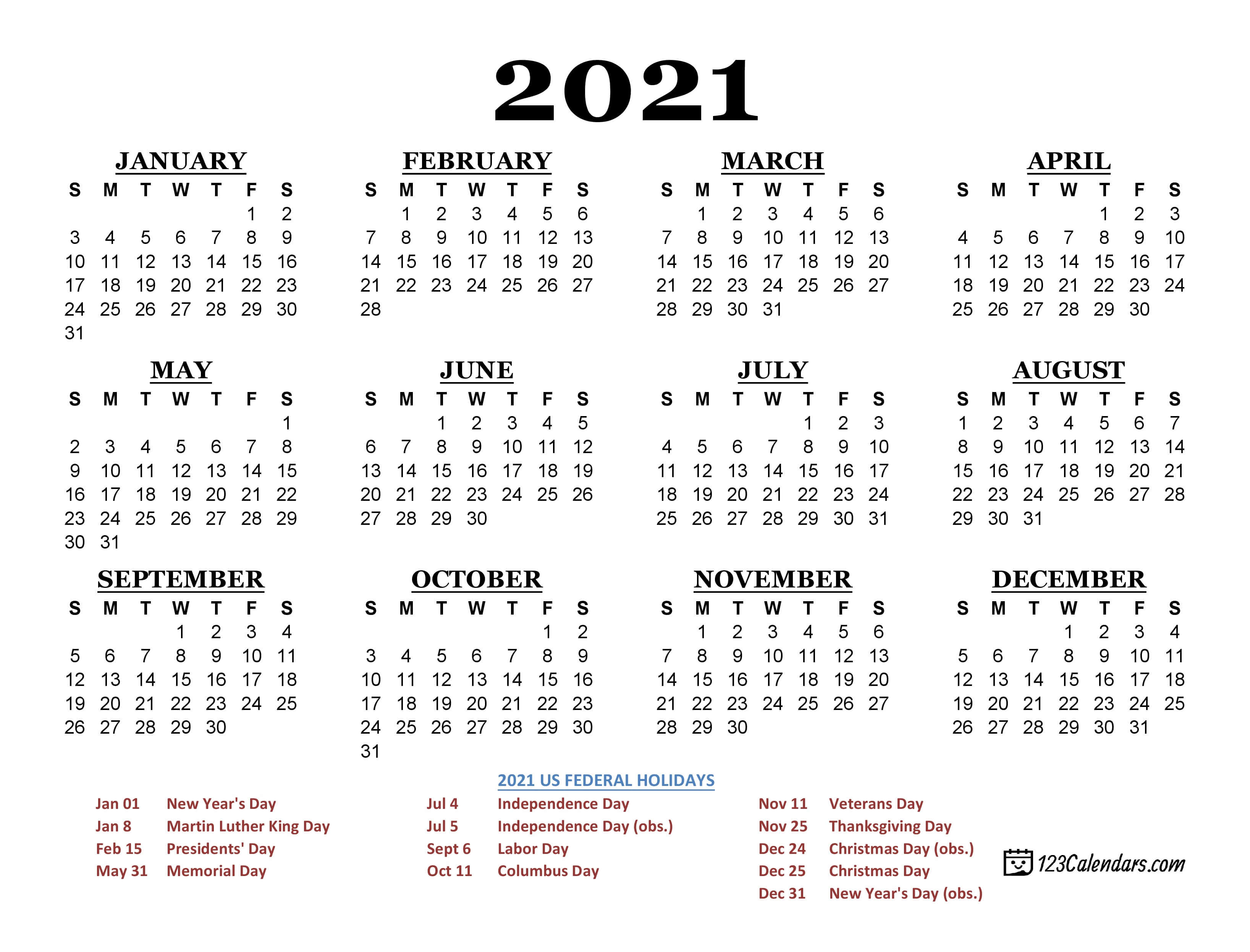 2021 Printable Calendar 123calendars Com