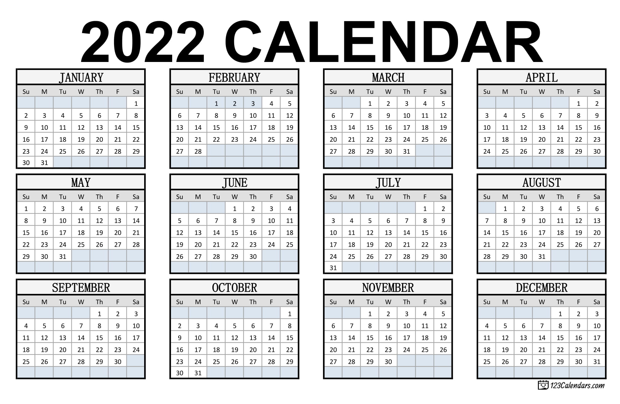 Printable Calendar 2022 Pdf Year 2022 Calendar Templates | 123Calendars.com