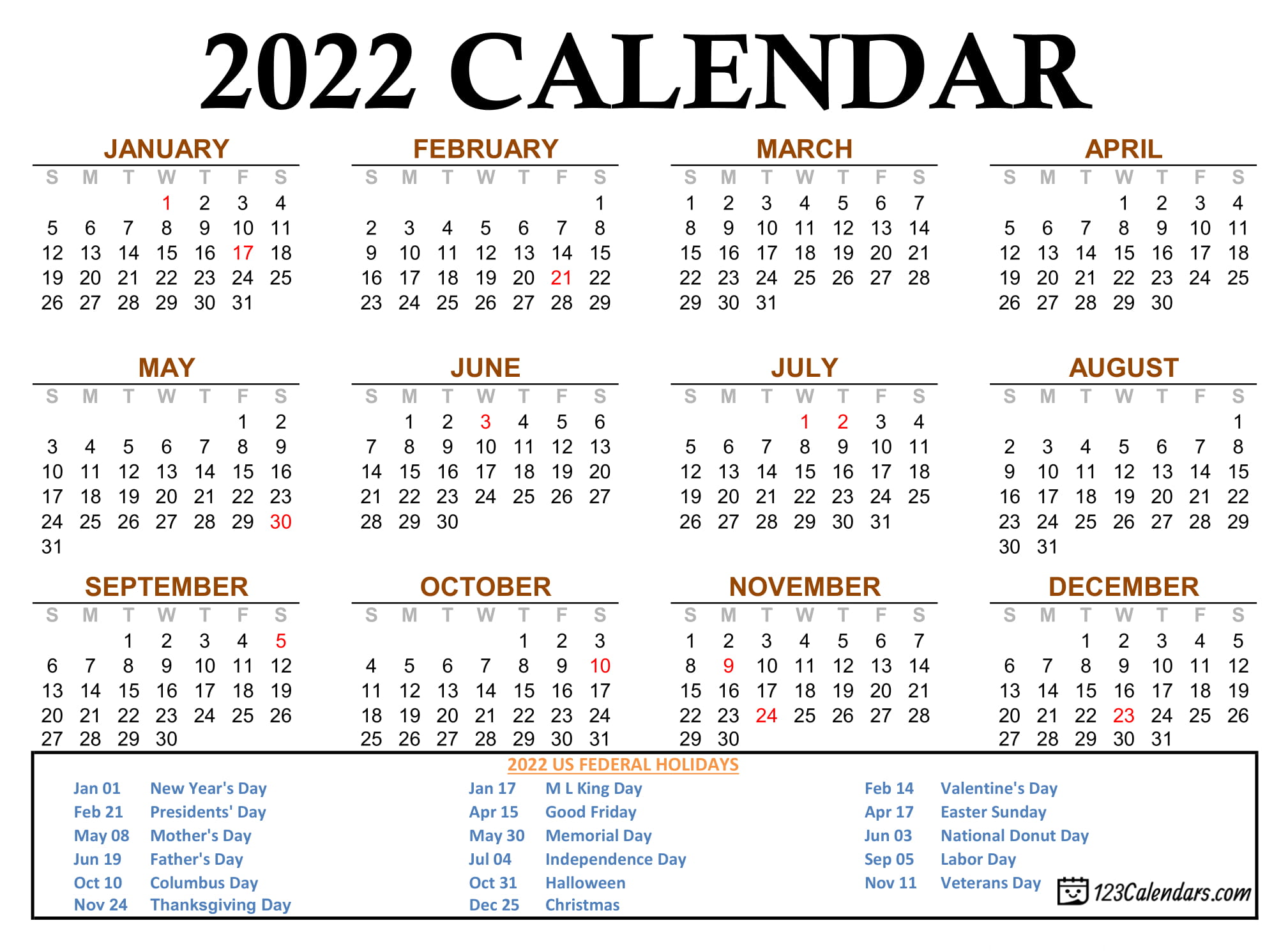Year 2022 Calendar Templates 123Calendars