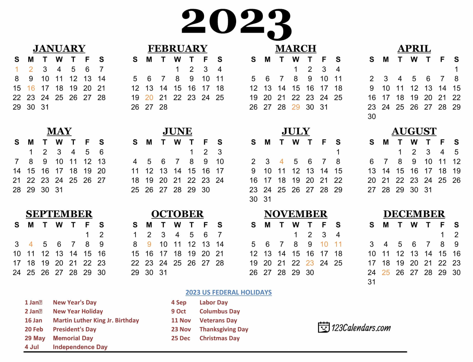 Free Printable Calendar 2023 Yearly Holiday Time And Date Calendar 