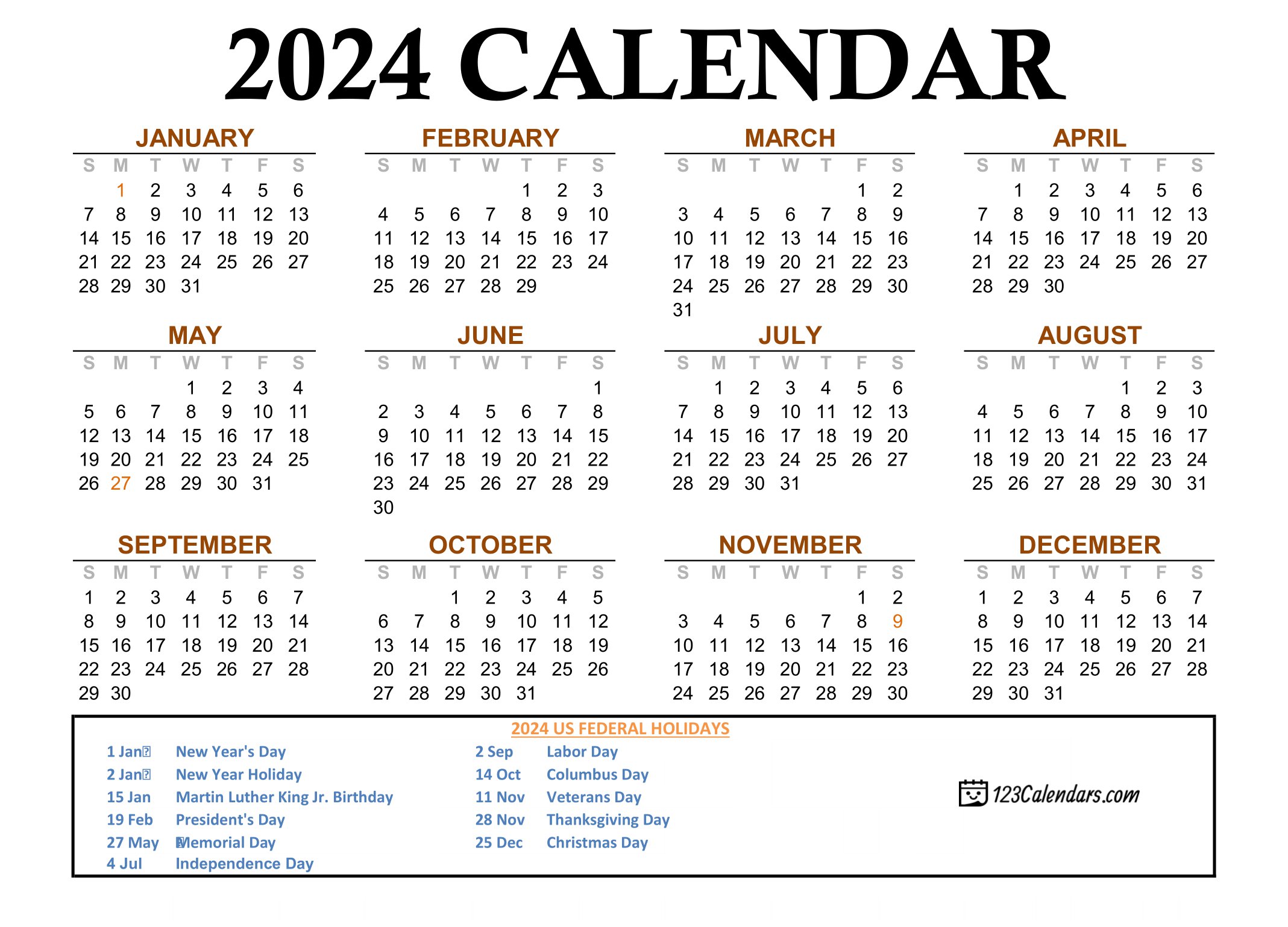 Yearly 2024 Calendar
