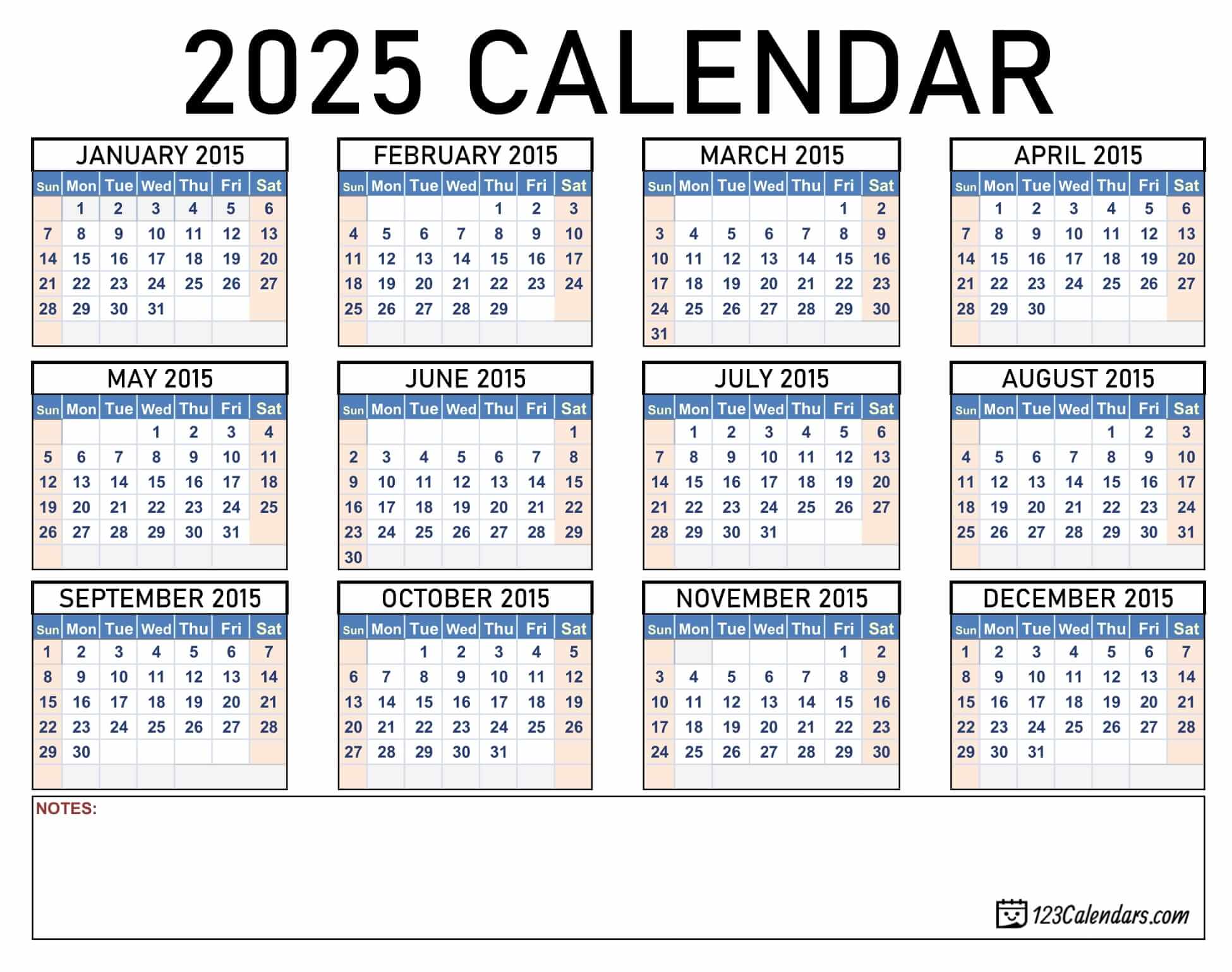 Year 2025 Calendar Templates 123Calendars