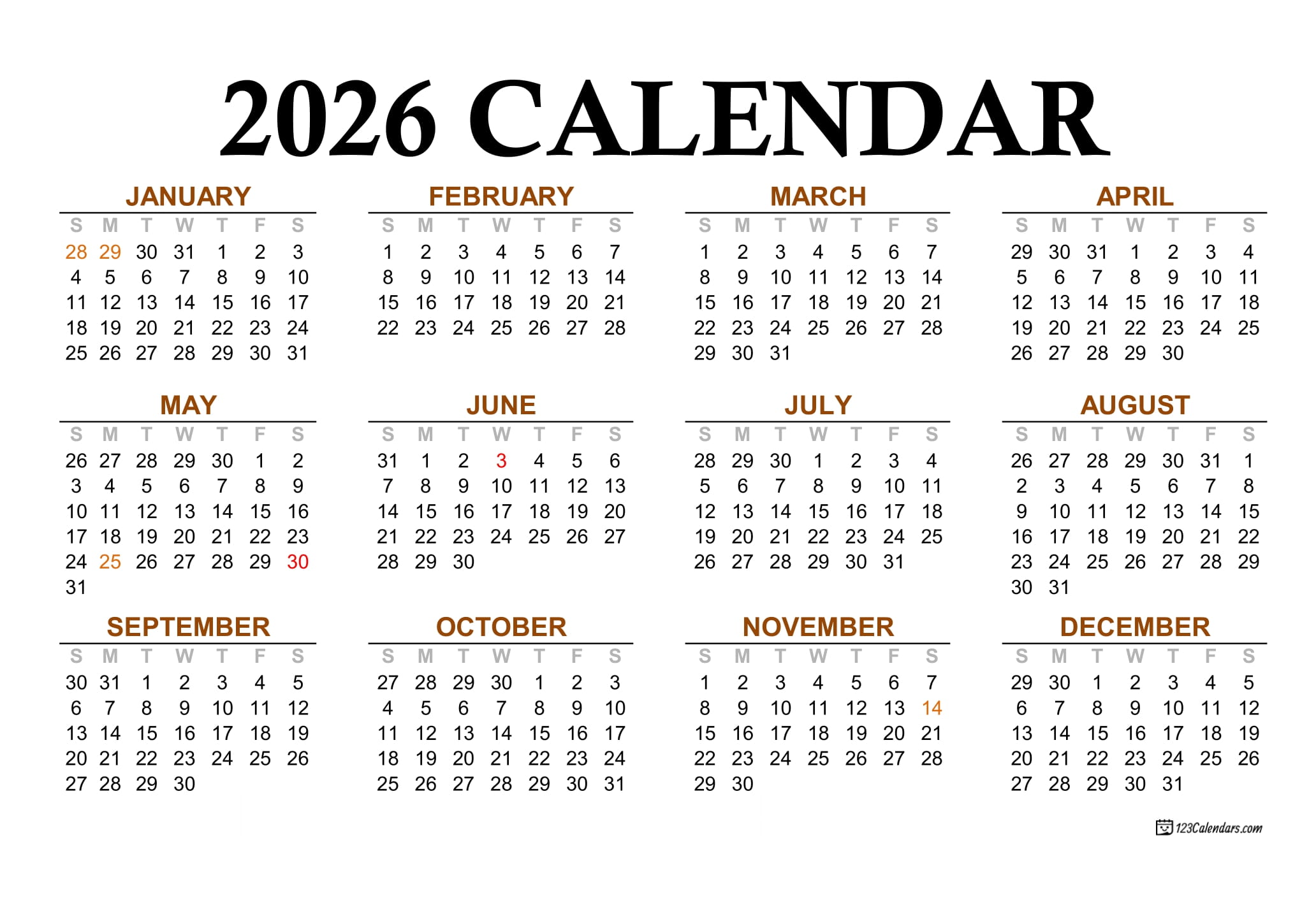 Year 2026 Calendar Templates 123Calendars Year 2026 Calendar Templates 123Calendars