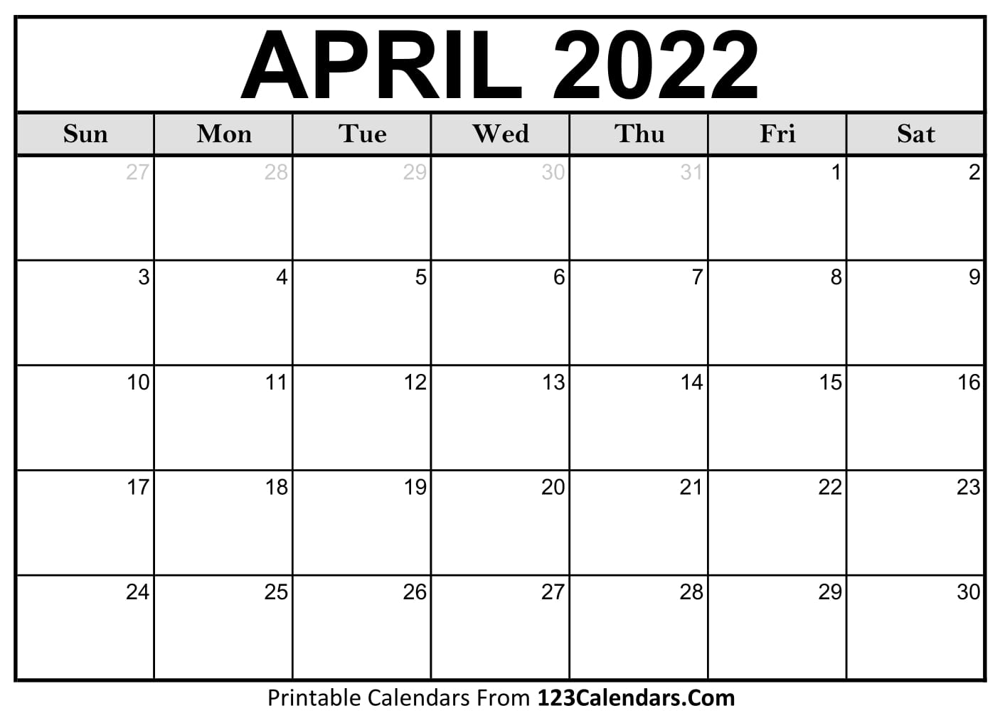 Printable April Calendar 2022 Printable April 2022 Calendar Templates - 123Calendars.com