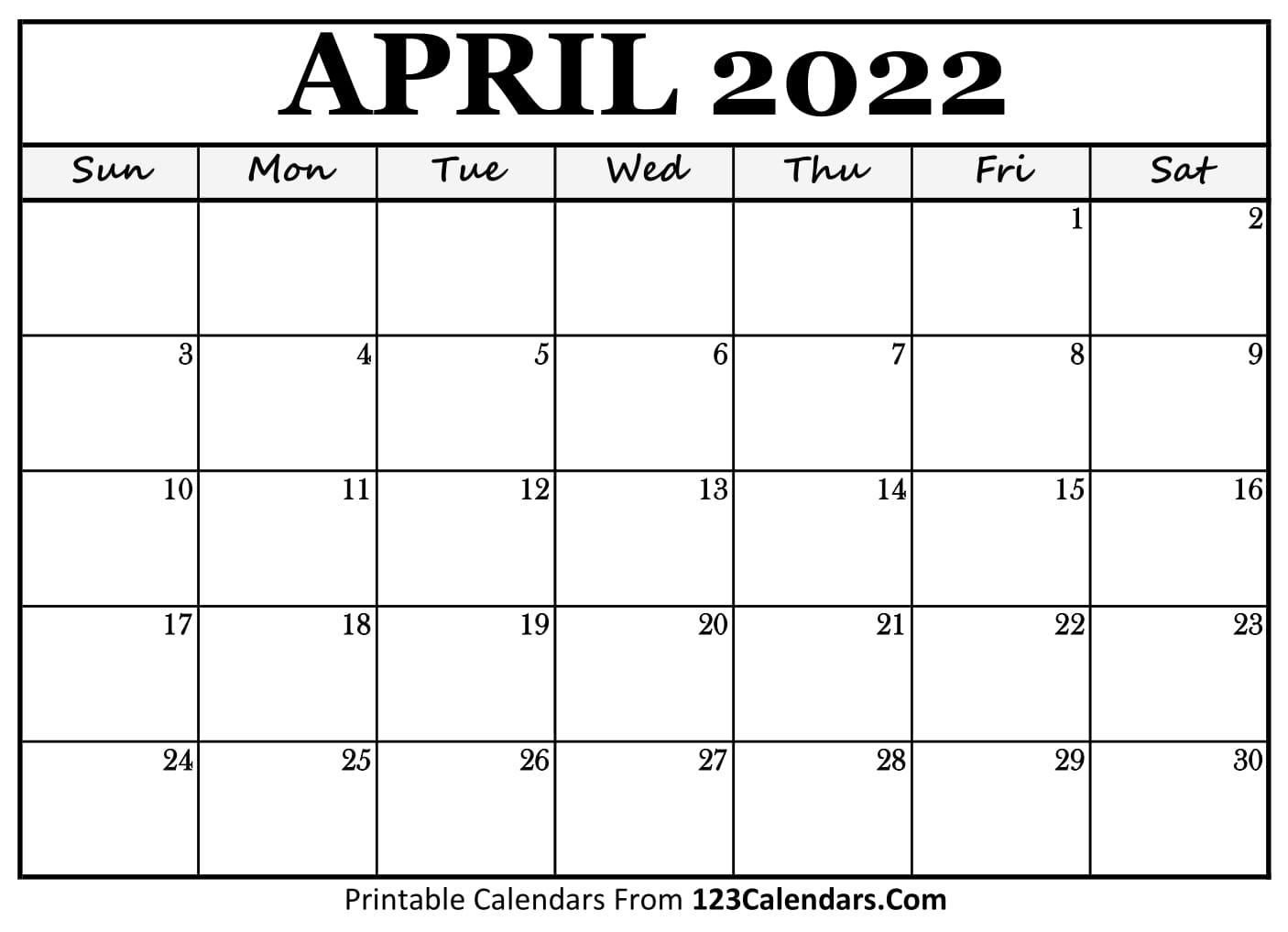 Month Of April 2022 Calendar Printable April 2022 Calendar Templates - 123Calendars.com