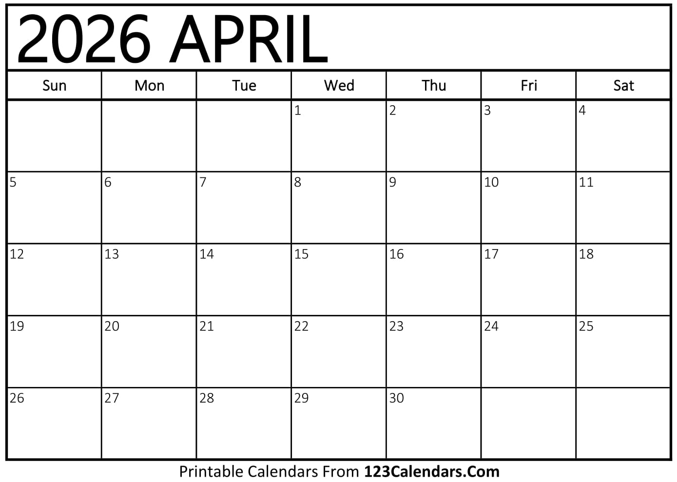 Printable April 2026 Calendar