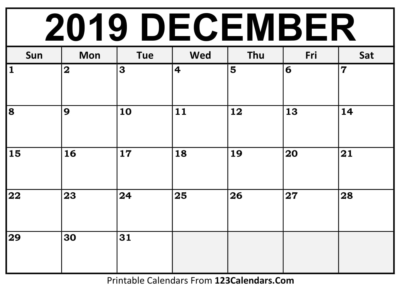 December 2019 Printable Calendar 123Calendars
