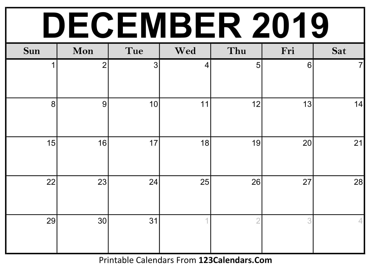 December 2019 Printable Calendar