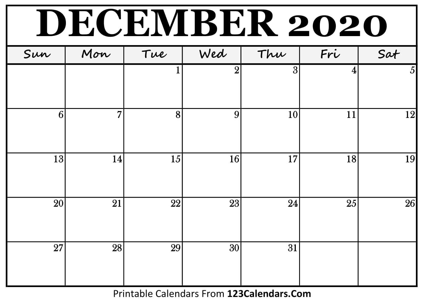 Printable December 2020 Calendar Templates