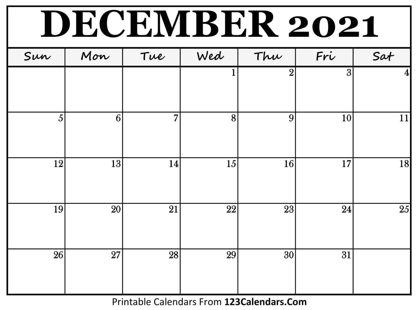 Printable December 2021 Calendar Templates