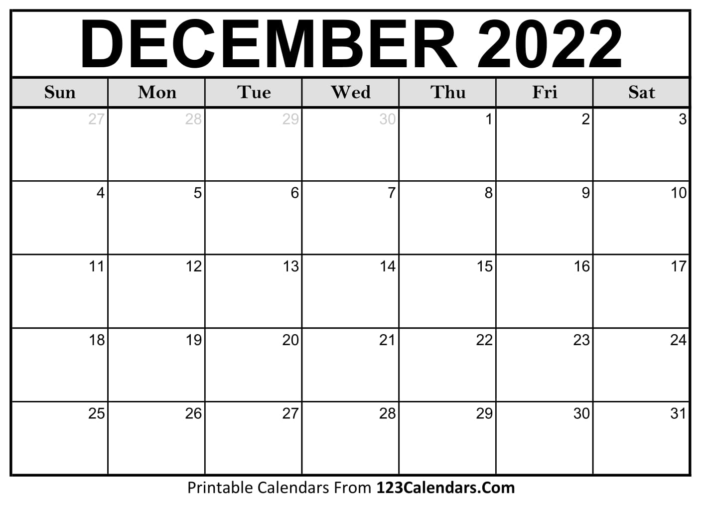 Printable December 2022 Calendar Templates