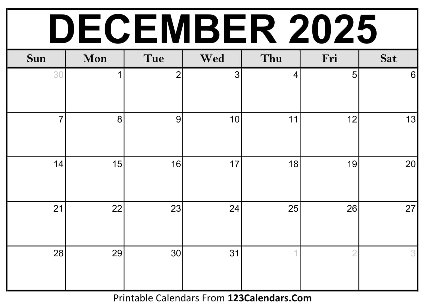 2025 December Calendar
