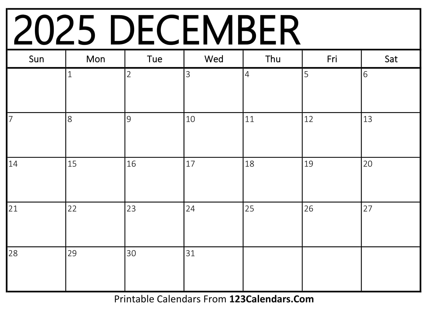 Printable December 2025 Calendar