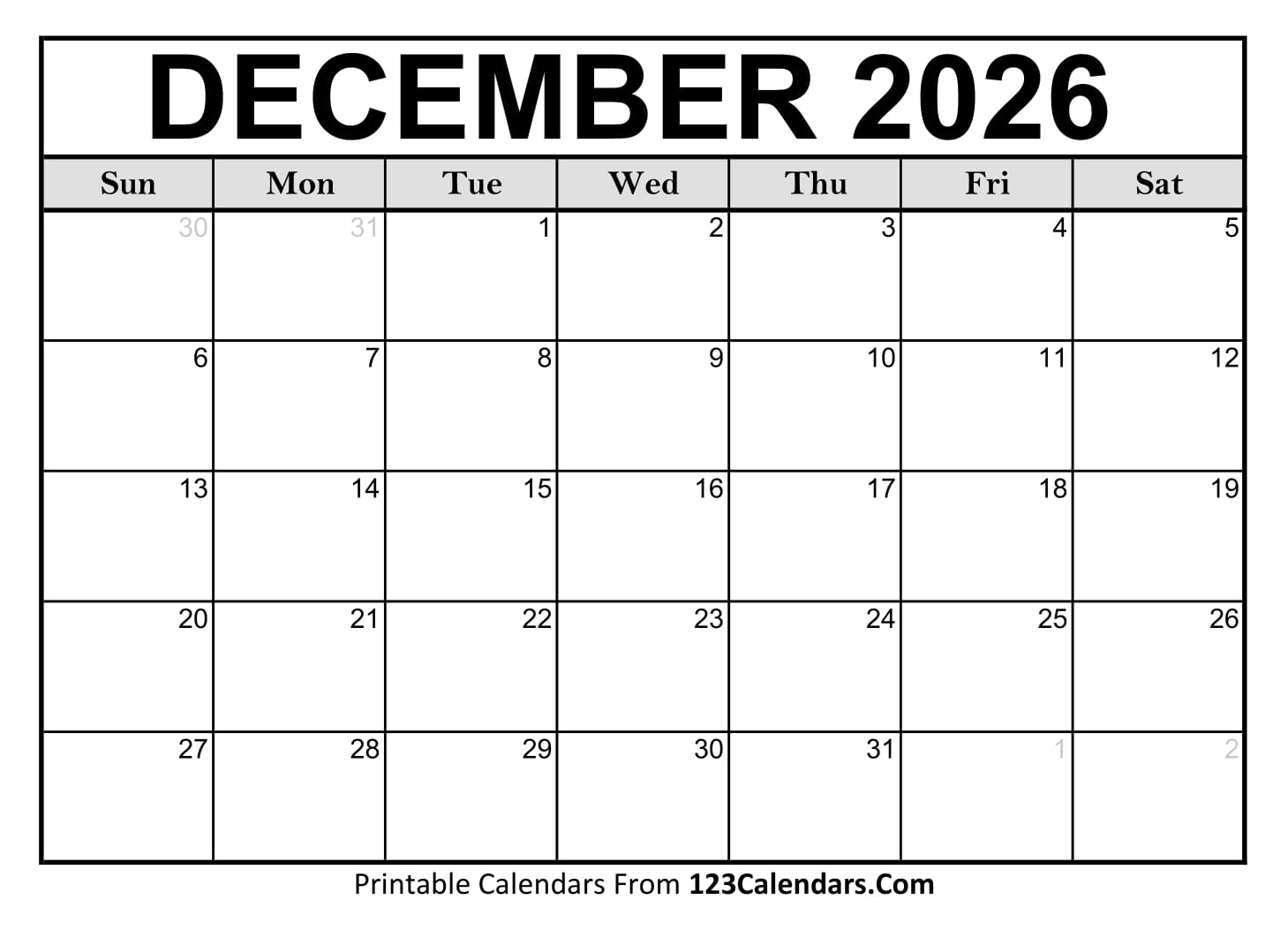 2026 December Calendar