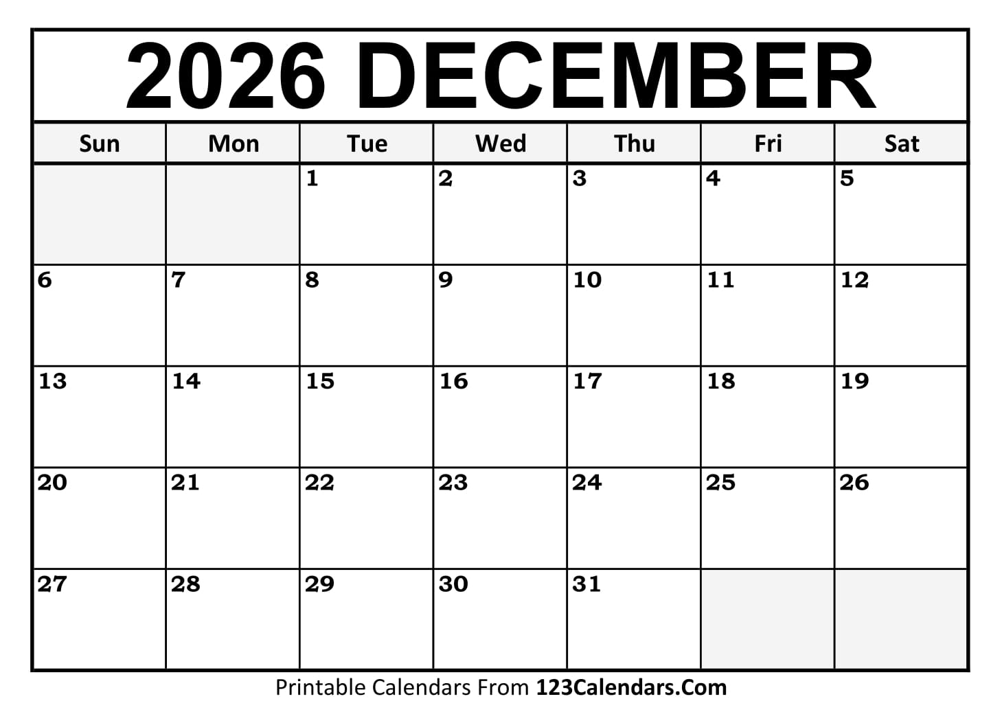 December 2026 Calendar