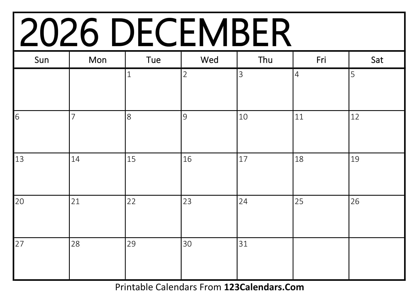 Printable December 2026 Calendar