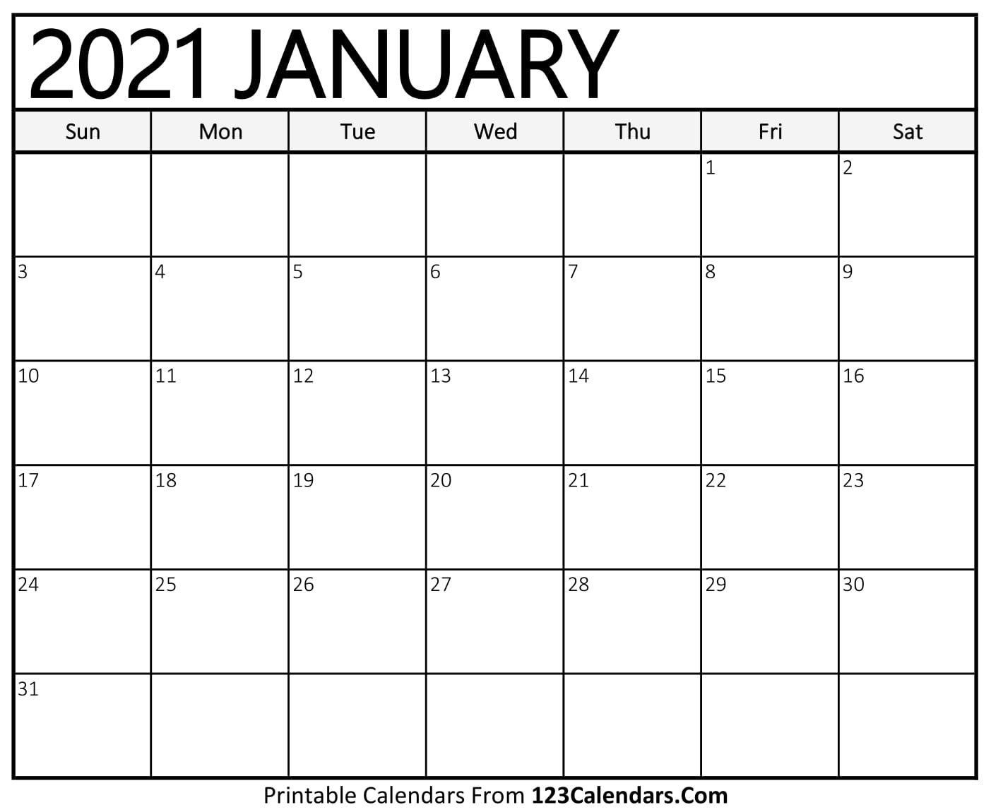 January 2021 Calendar Template Printable January 2021 Calendar Templates | 123Calendars.com