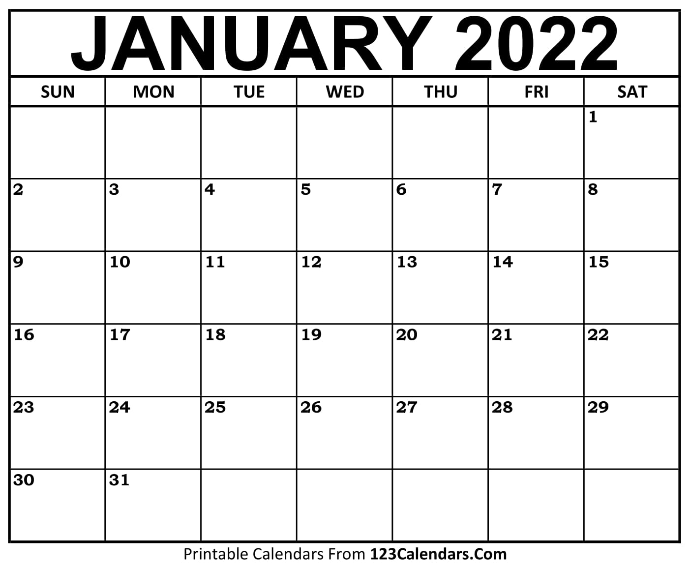 Month Of January 2022 Calendar Printable January 2022 Calendar Templates - 123Calendars.com