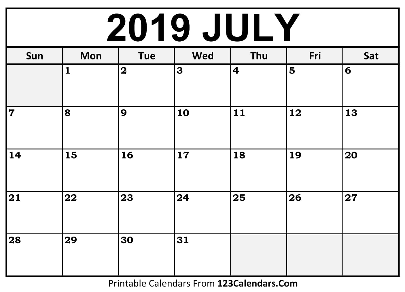 July 2019 Printable Calendar