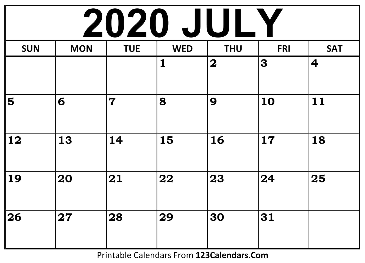 Free July 2020 Calendar 123Calendars