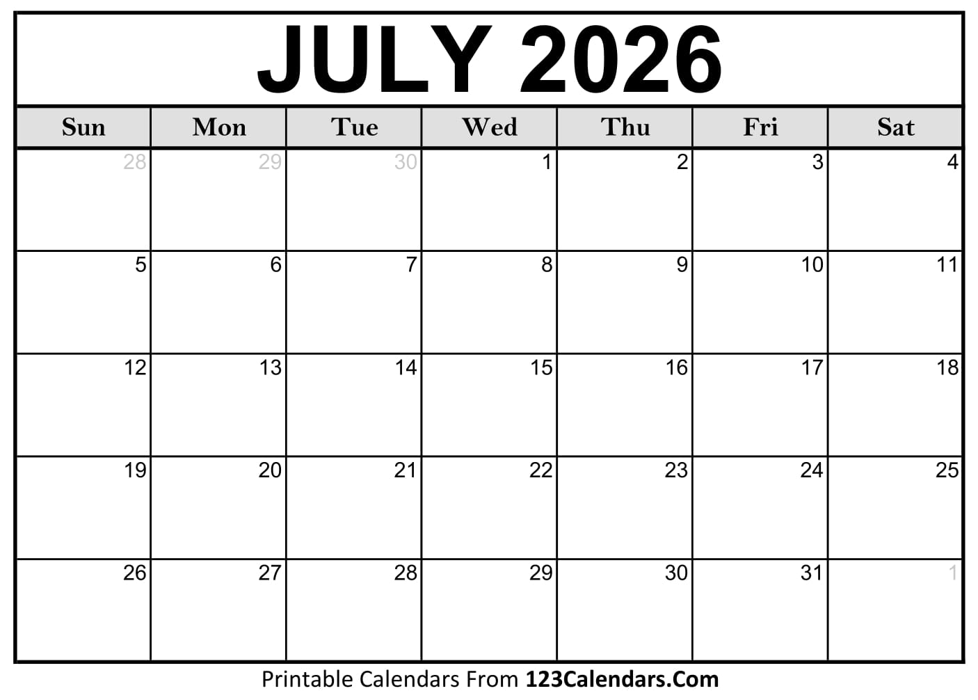 Calendar July 2026
