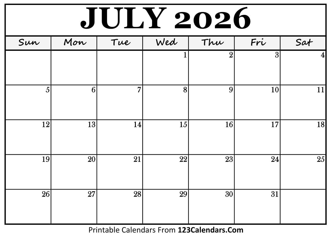 2026 July Calendar