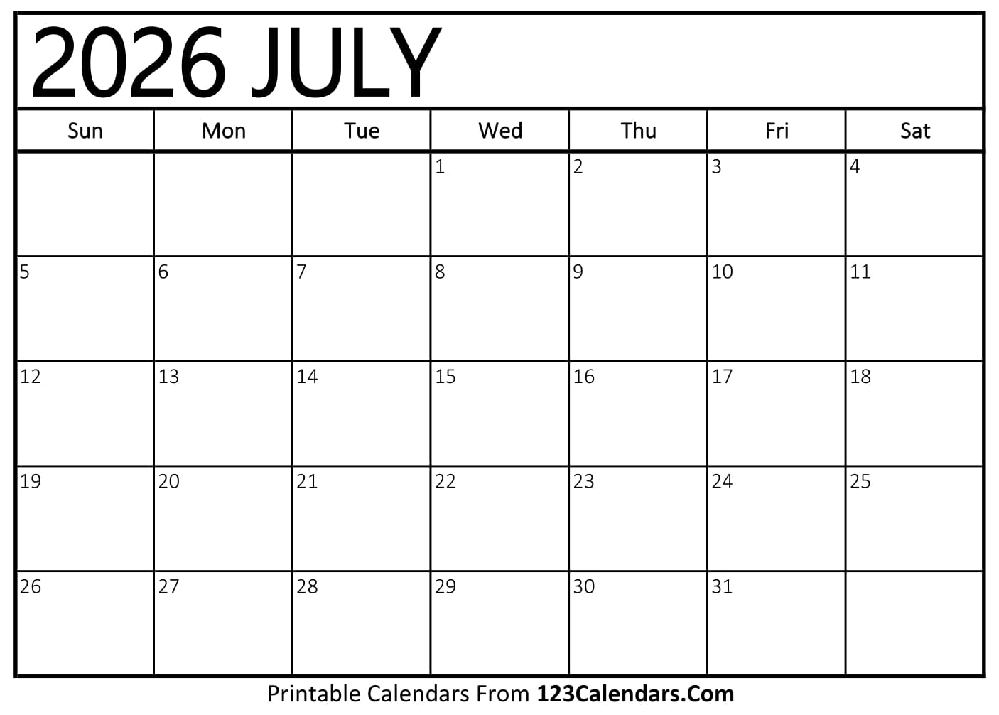 Printable 2026 July Calendar