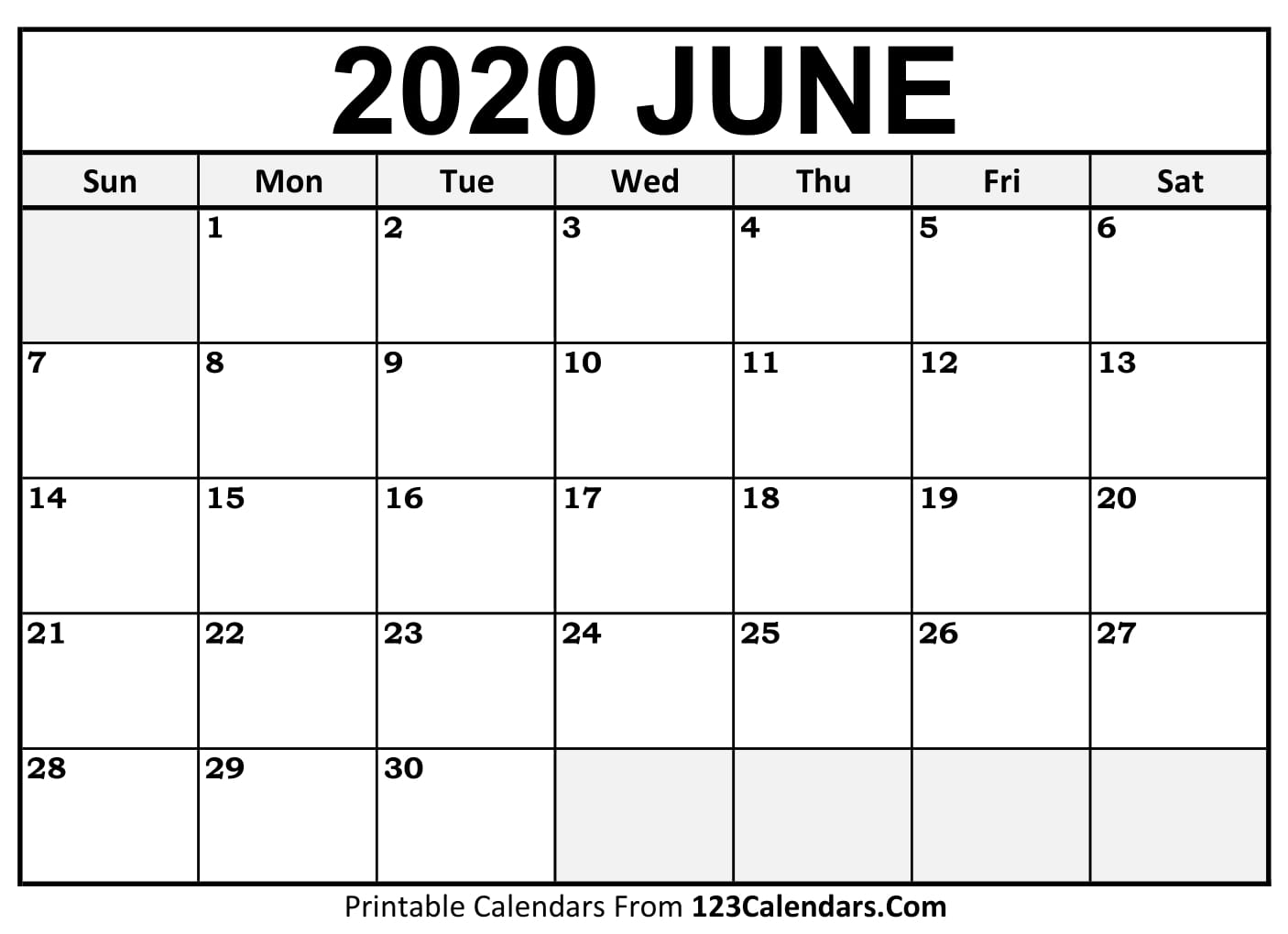 Free June 2020 Calendar