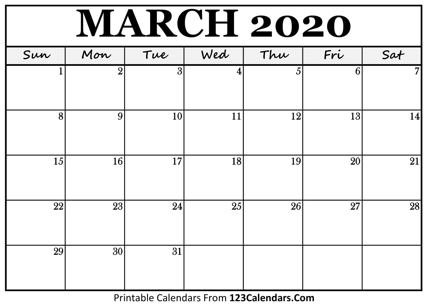 March 2020 Printable Calendar 123Calendars March 2020 Printable Calendar 123Calendars