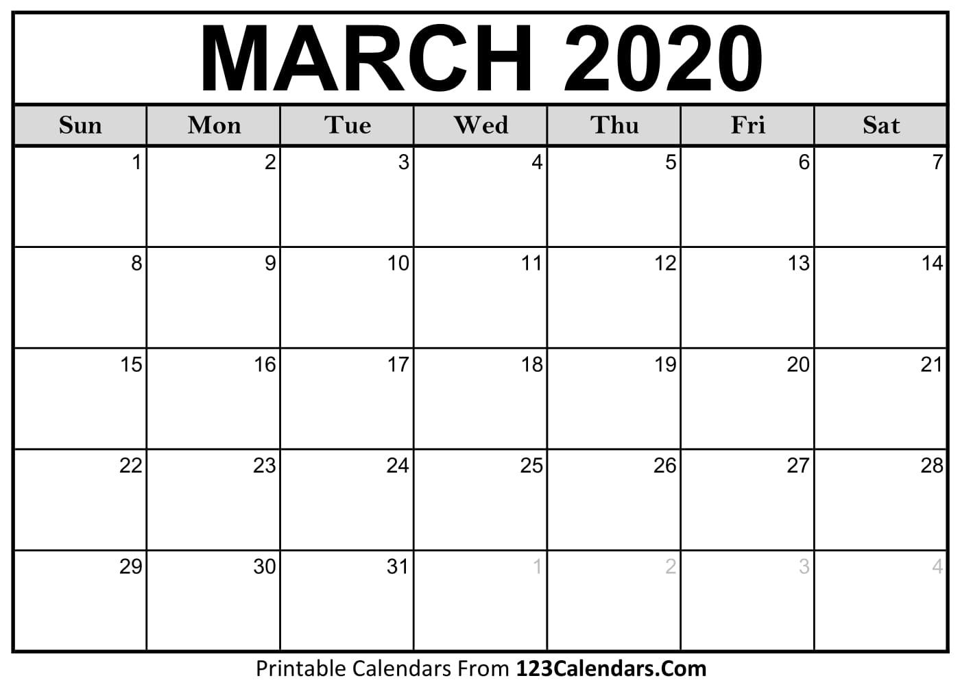 March 2020 Printable Calendar