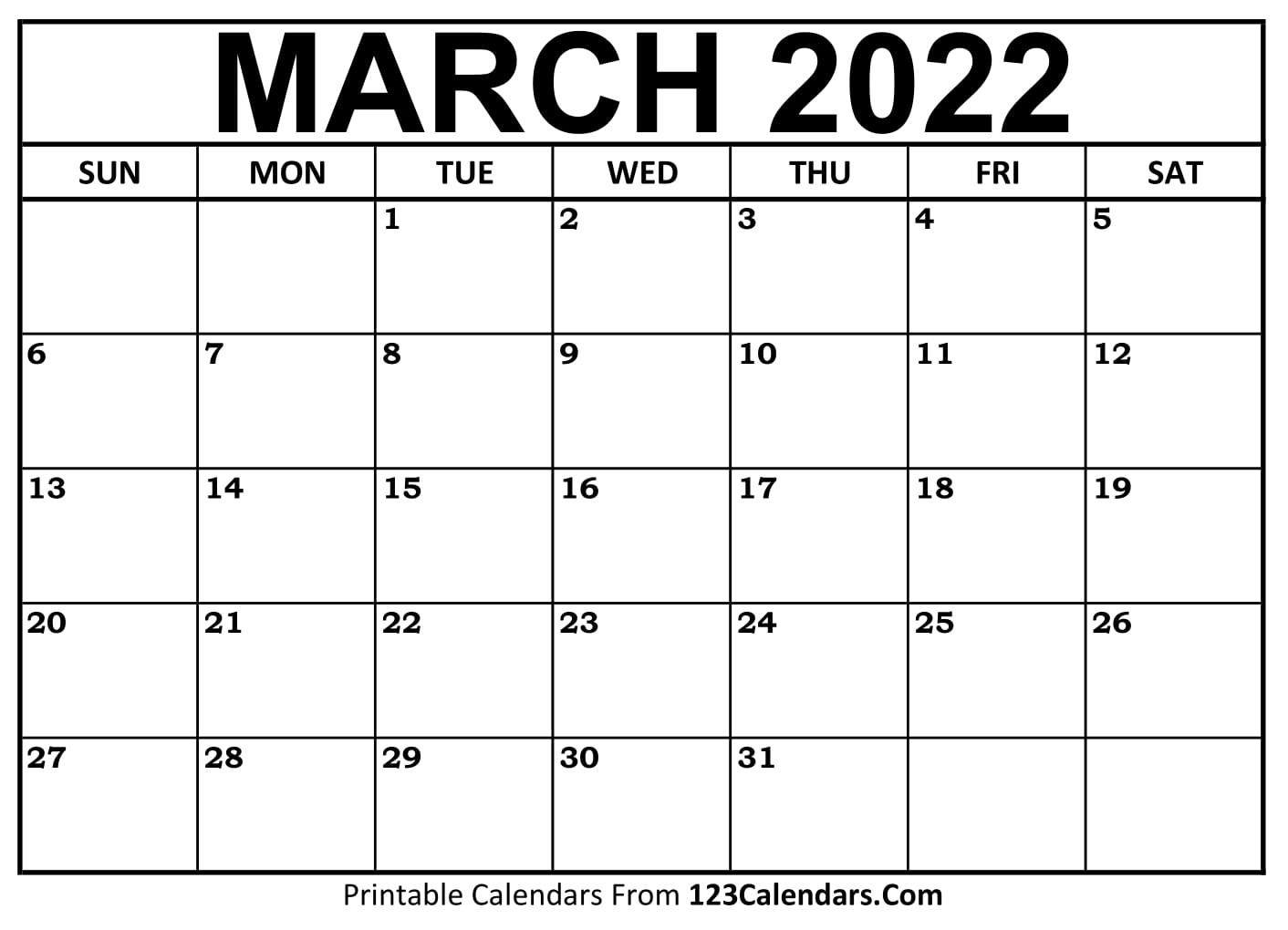 March Blank Calendar 2022 Printable March 2022 Calendar Templates - 123Calendars.com