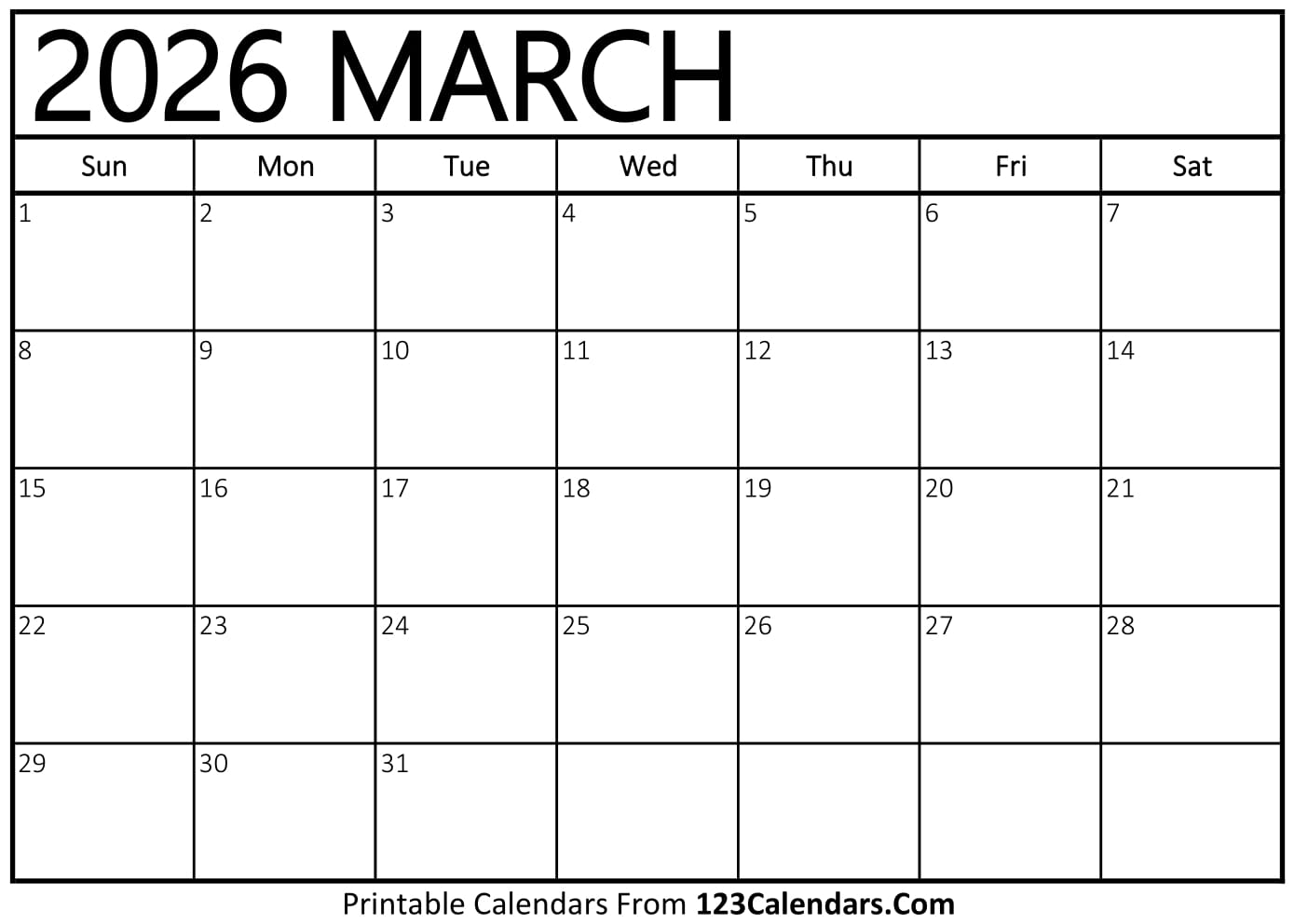 Printable March 2026 Calendar