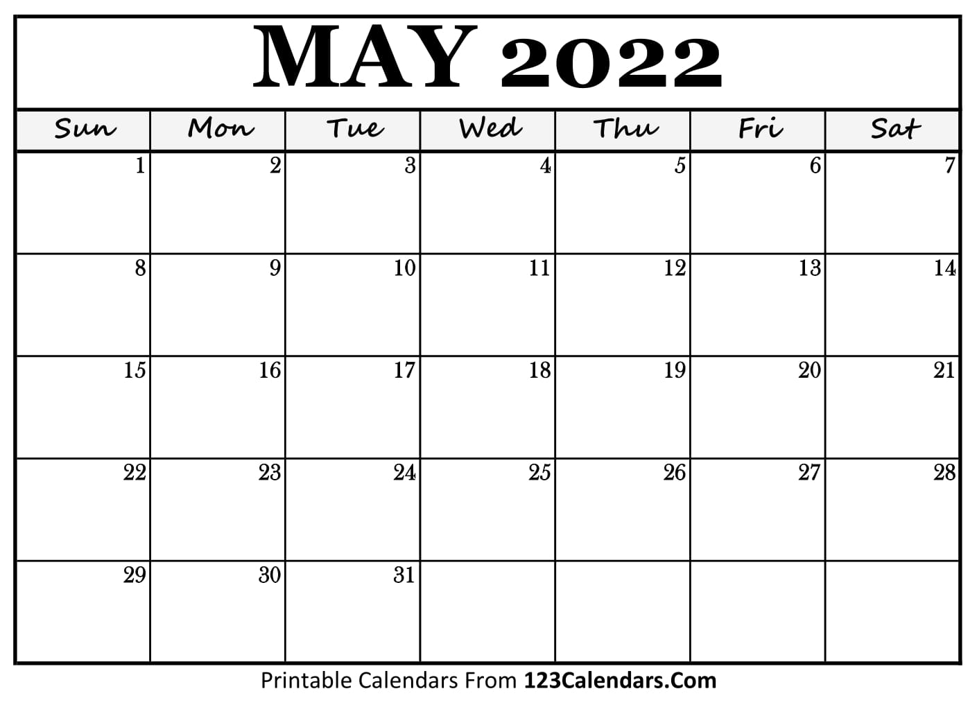 May Calendar 2022 Printable Printable May 2022 Calendar Templates - 123Calendars.com