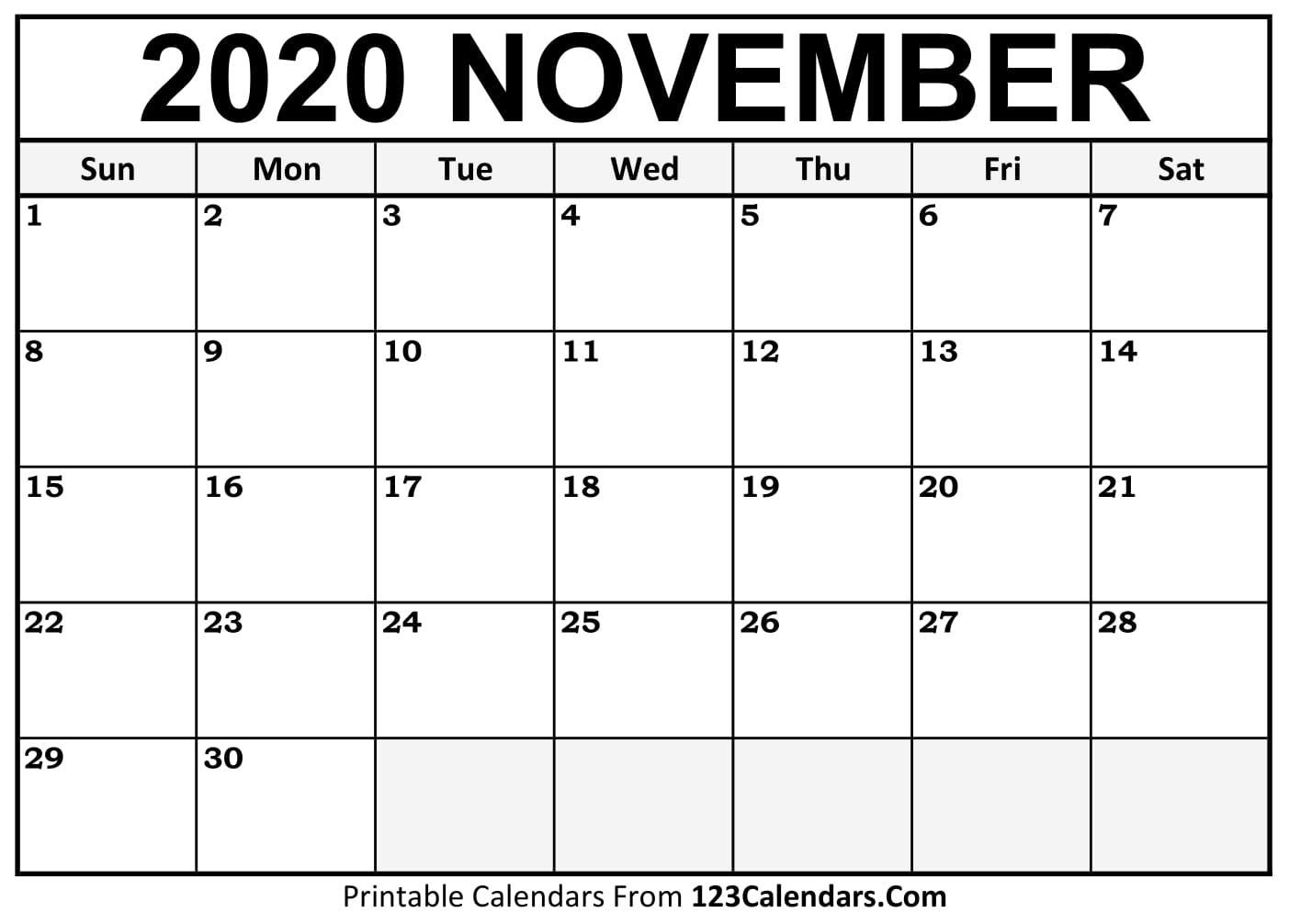 November 2020 Printable Calendar 123Calendars