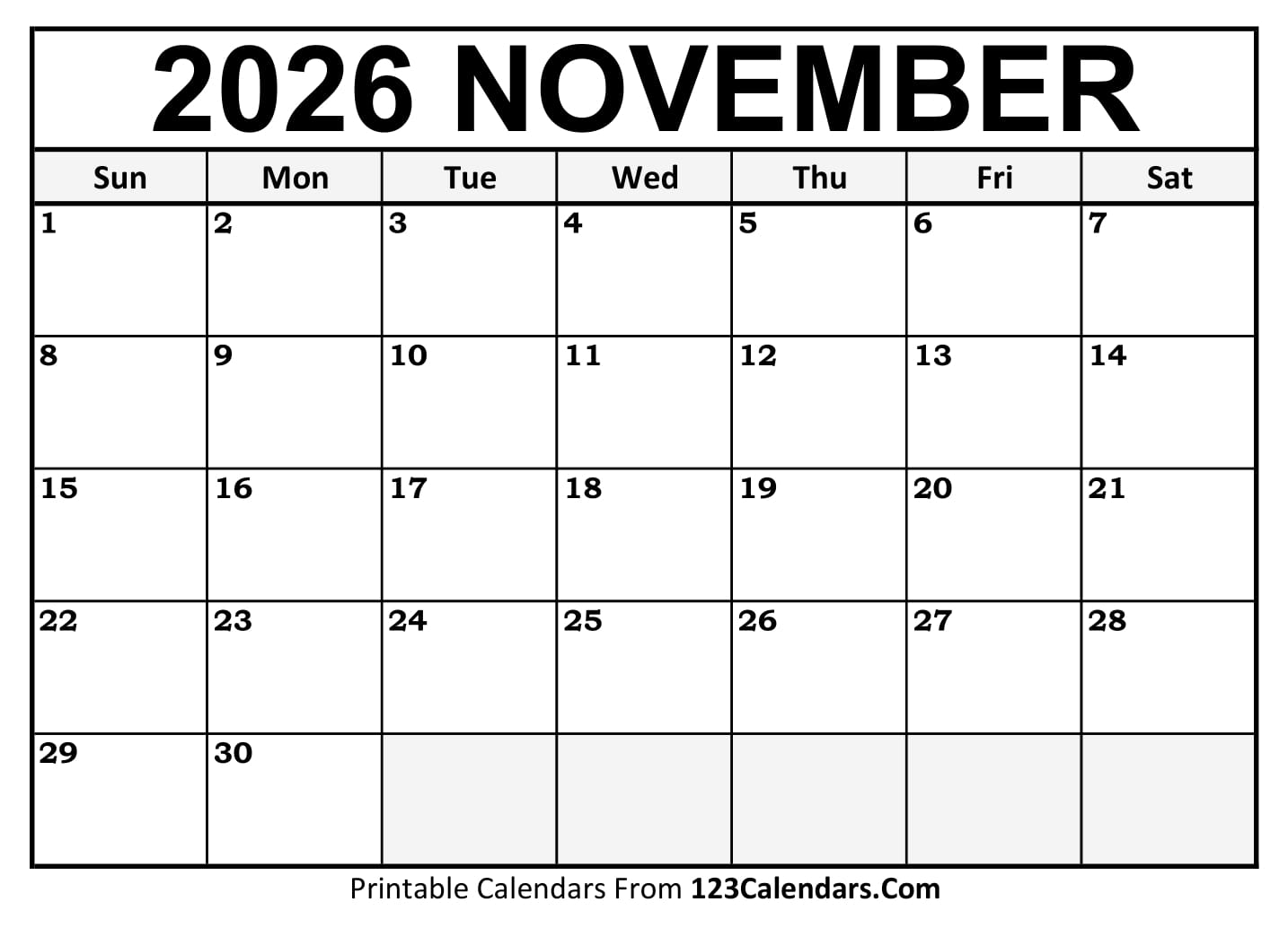 2026 November Calendar