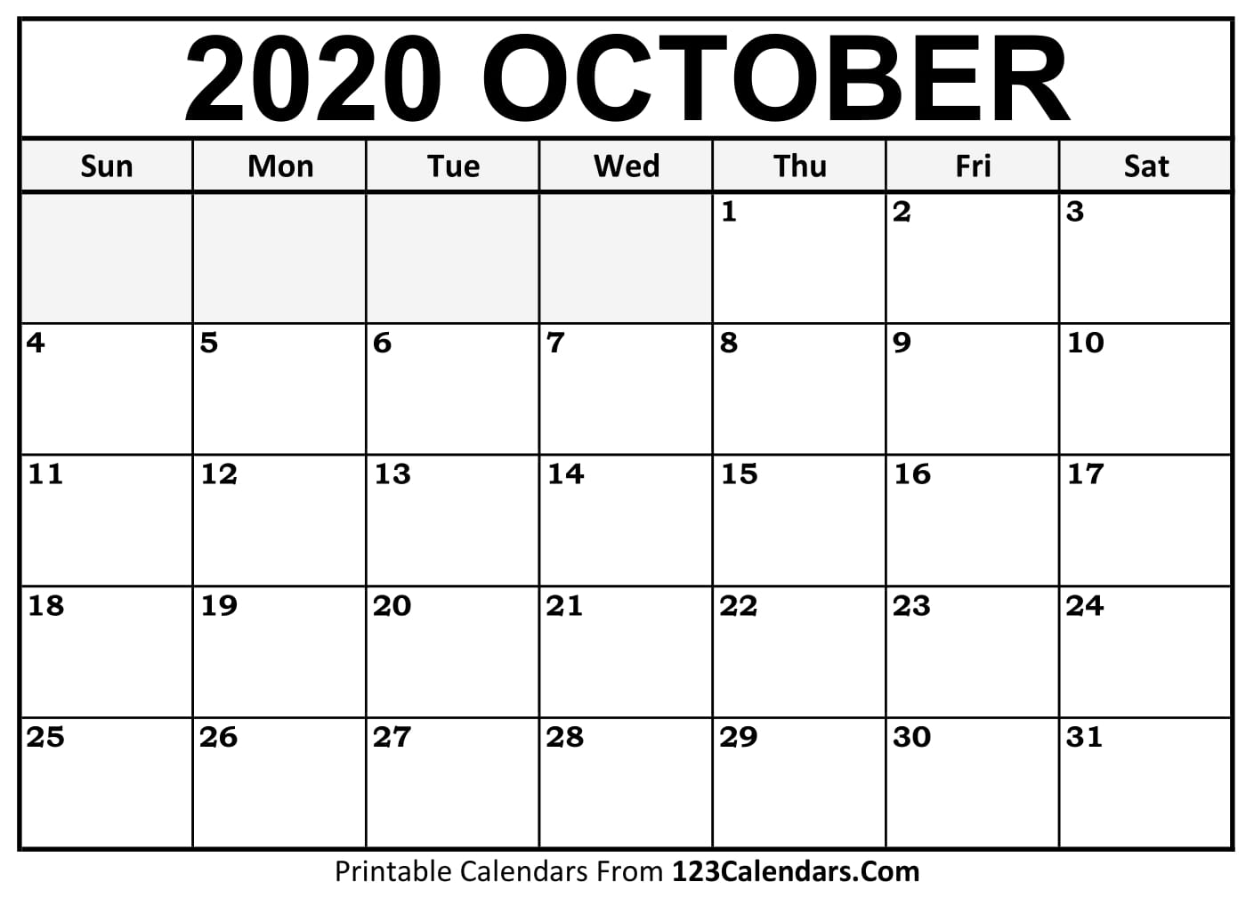 October 2020 Printable Calendar