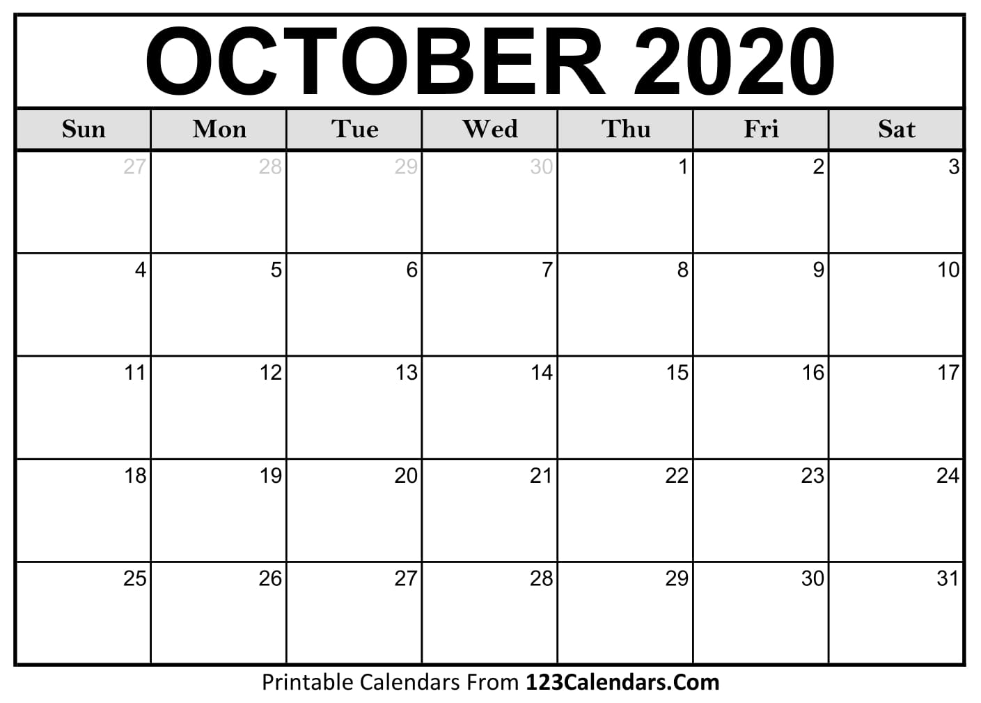 Printable October 2020 Calendar Templates