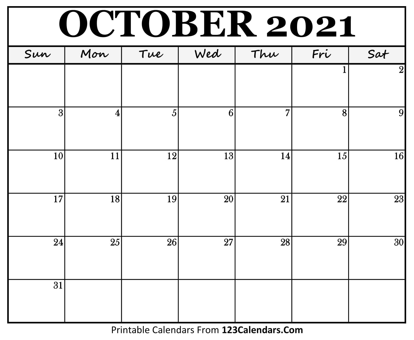 Printable October 2021 Calendar Templates