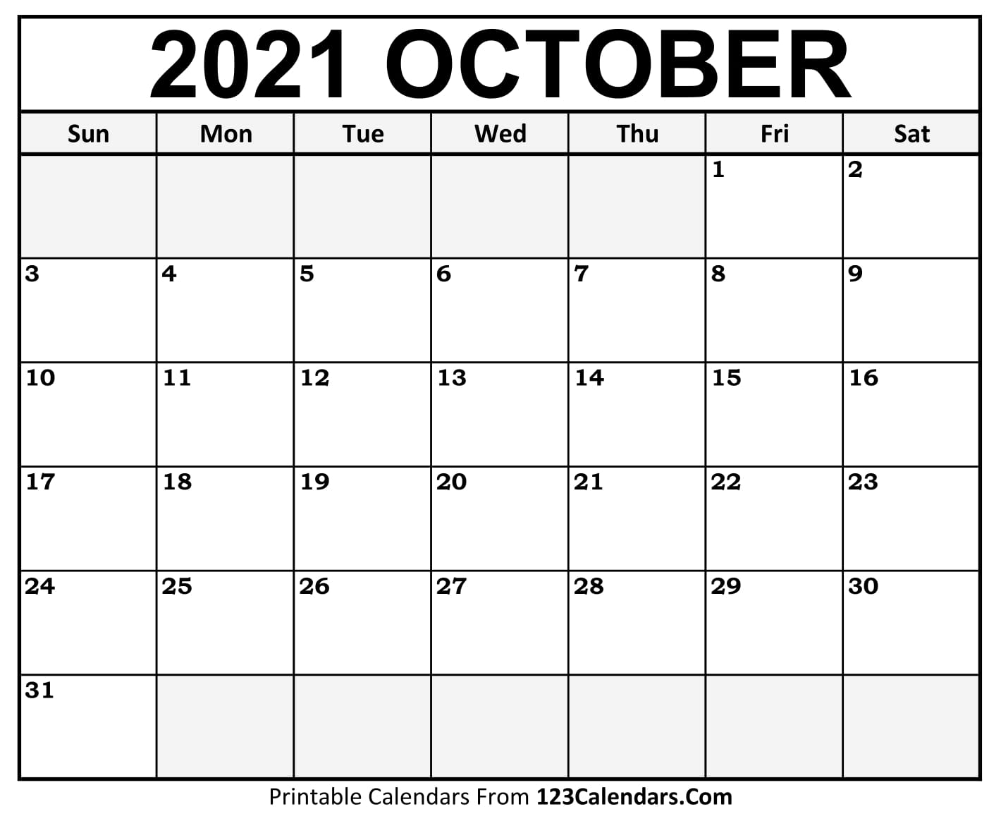 Printable Monthly Calendar 2021 October